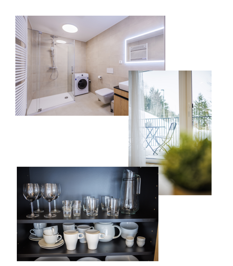 Koláž fotografií apartmánu — koupelna se sprchovým koutem, výhled z okna a vybavená kuchyňka
