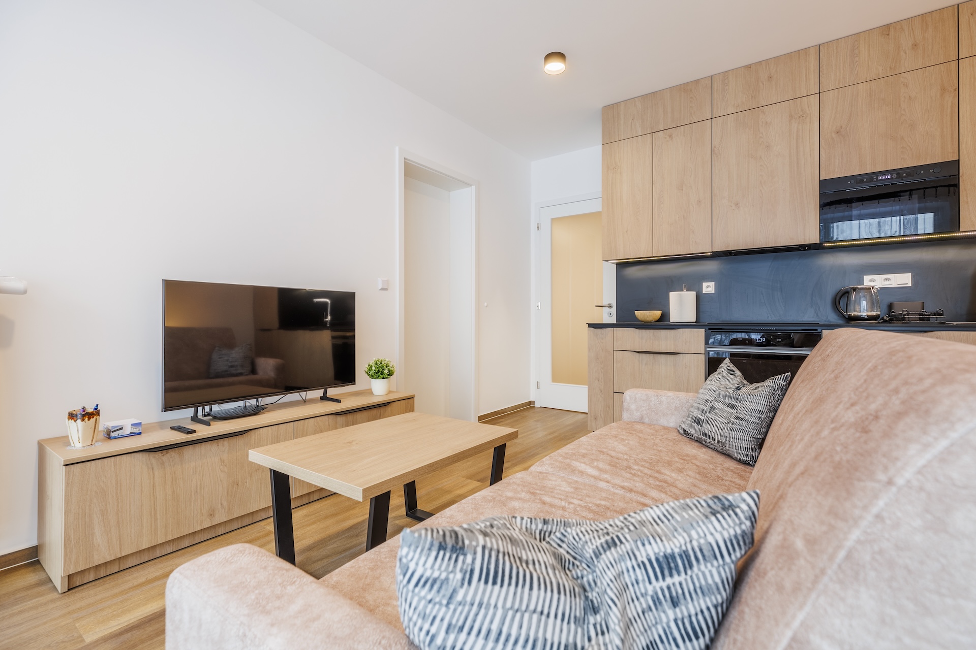 Obývací prostor apartmánu Soňa s televizí, pohovkou a kuchyňským koutem