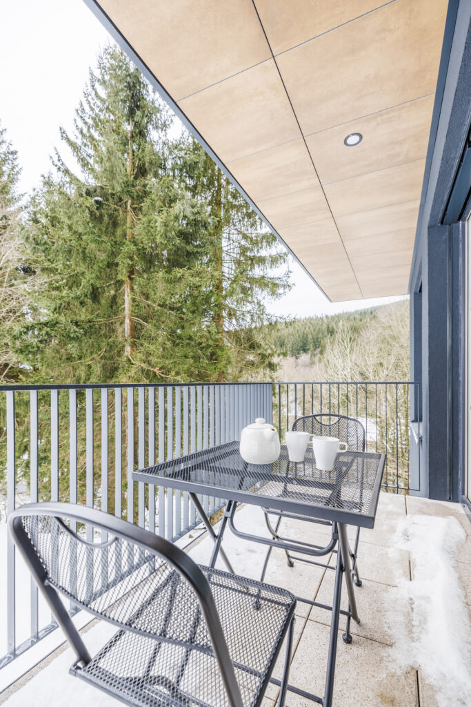 Balkon/terasa s posezením – výhled na lesy a sjezdovku v Dolní Moravě